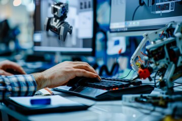 Closeup of engineers hands typing on a keyboard in front of a computer monitor while designing a robotic prototype using CAD software