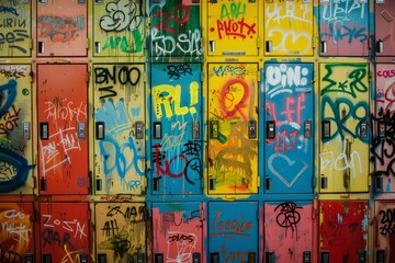 Multiple lockers with vibrant graffiti designs and tags that showcase unique artistic expressions