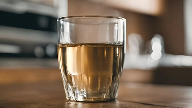 House water filtration system to drinkable condition. Glass of dirty water on tabletop on kitchen. Evidence of contamination of tap water