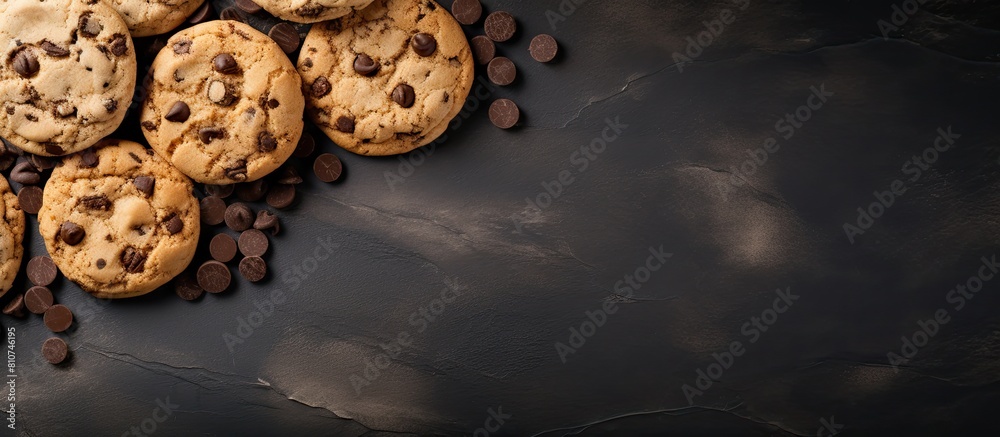 Poster Top view copy space image of delicious chocolate chip cookies on a gray background perfect for adding text