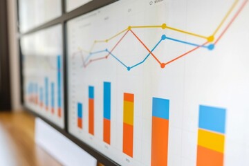 Fototapeta premium Line Graph Displayed on Glass Screen Wall in Modern Office - Data Analysis, Corporate Strategy, Financial Trends