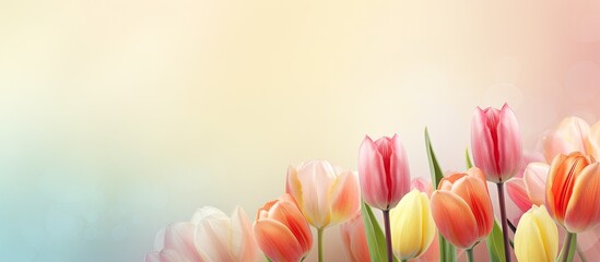 A retro style greeting card with a pastel colored background featuring tulips capturing the essence of spring and suitable for Mother s Day or Easter The image has copy space for additional text or d