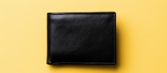 A black leather men s wallet containing American dollar cash is positioned on a yellow background offering ample space for text