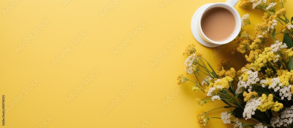 Poster Yellow background with a flat lay of a mockup paper blank accompanied by a coffee cup and a bouquet of herbs flowers Ample copy space is available