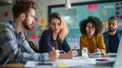 Energetic team of young entrepreneurs collaborating on innovative startup project in modern co-working space