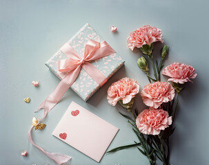 Mother's Day decorations concept. Top view photo of gift box with ribbon bow, heart shape decoration greeting card and carnation flowers on background. Generative Ai.