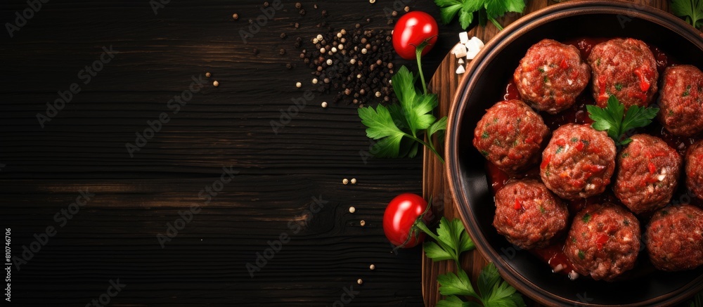 Poster A top down view of meatballs made from raw minced meat arranged on a black wooden table The image includes copy space for text purposes