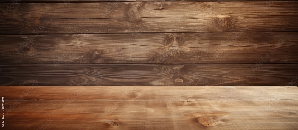 Poster a vintage style wooden table top is placed on a wooden plank background with empty space available f