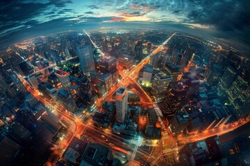 Wide-angle perspective of a city intersection illuminated by streetlights, capturing the vibrant...