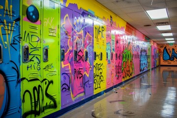 A row of school lockers covered in vibrant graffiti designs and tags, adding character to the...