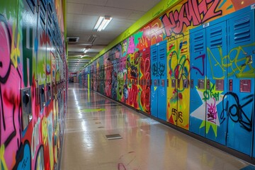 A row of school lockers in a hallway covered in colorful graffiti designs and tags, adding...