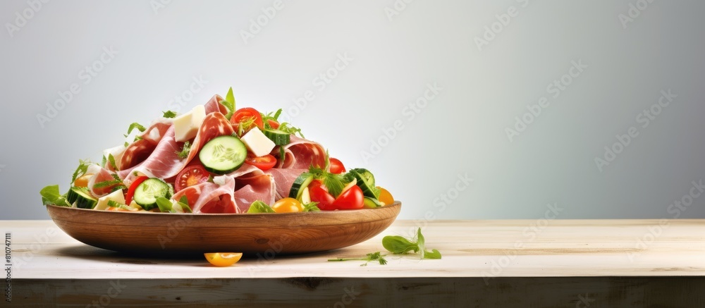 Poster a trendy salad with ham paprika cucumber and cheese emphasizing its healthy ketogenic diet benefits 