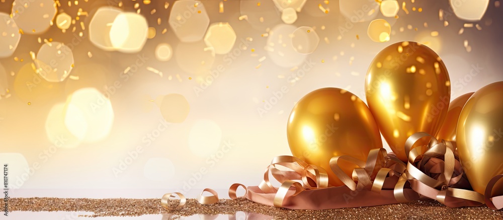 Poster a festive banner showcasing gold serpentine colorful balloons with confetti set against a shiny boke