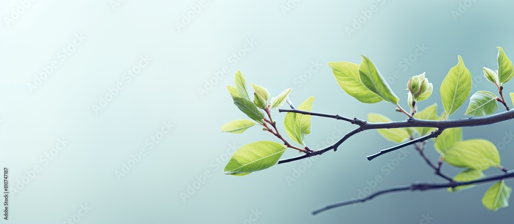 Poster In early spring a branch with fresh youthful foliage is captured in a copy space image
