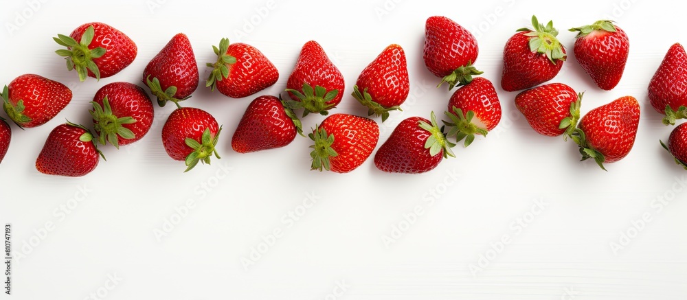 Poster a top down view of juicy ripe strawberries rests on a pristine white surface evoking the essence of 