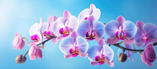 A captivating close up of vibrant orchid flowers beautifully showcased against a serene blue backdrop with ample copy space
