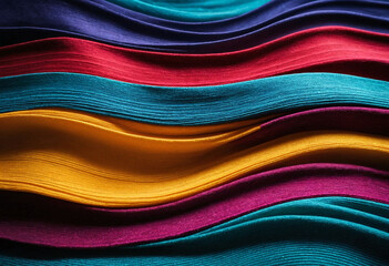 Vibrant, colorful waves flowing across a sleek fabric background, ideal for energetic and lively graphic designs - obrazy, fototapety, plakaty