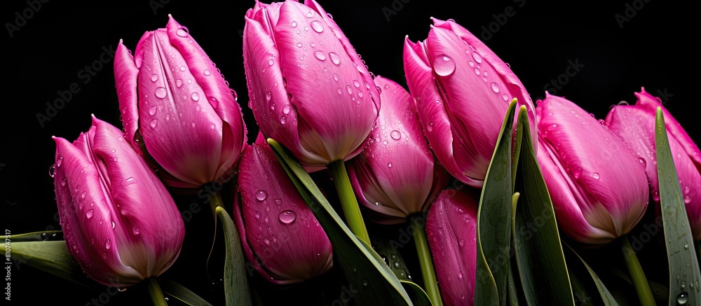 Poster an isolated copy space image of wet tulips in a dark pink hue set against a black background