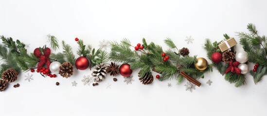 A festive holiday arrangement of presents branches and seasonal elements set against a white backdrop This flat lay image creates a perfect copy space for Merry Christmas New Year and winter inspired