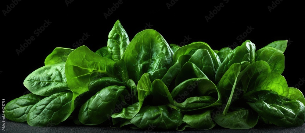 Poster A vibrant image of fresh green spinach set against a dark black background creating ample copy space This evokes a sense of a healthy and nutritious diet