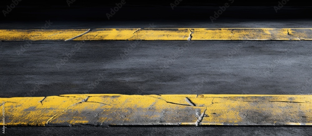Poster a detailed view of the texture of an asphalt road with two yellow lines. creative banner. copyspace 