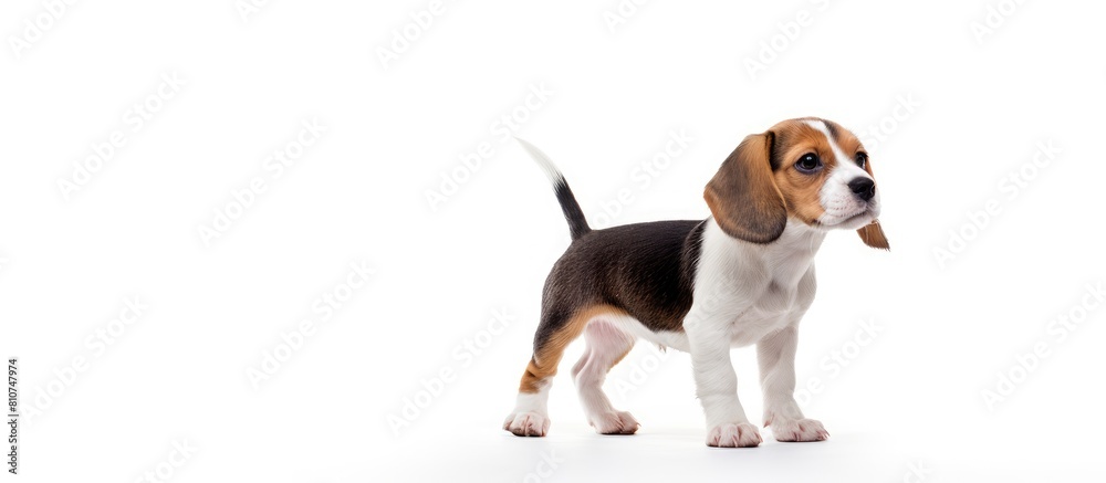 Poster The cute beagle with its white and brown fur bends its head towards the left side and stands on its hind legs It stands in front of a white background providing copy space for text and advertisements