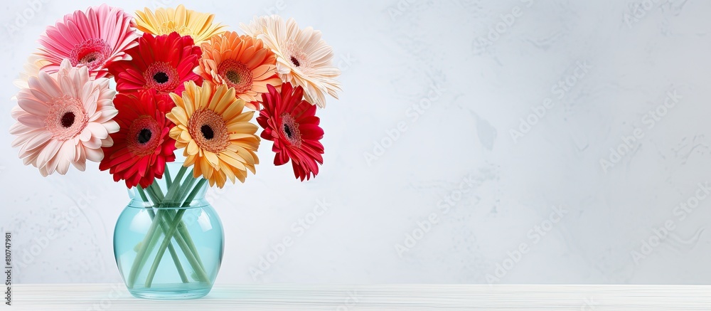 Leinwandbilder a stunning arrangement of vibrant gerbera flowers sits gracefully in a vase on a white marble table 
