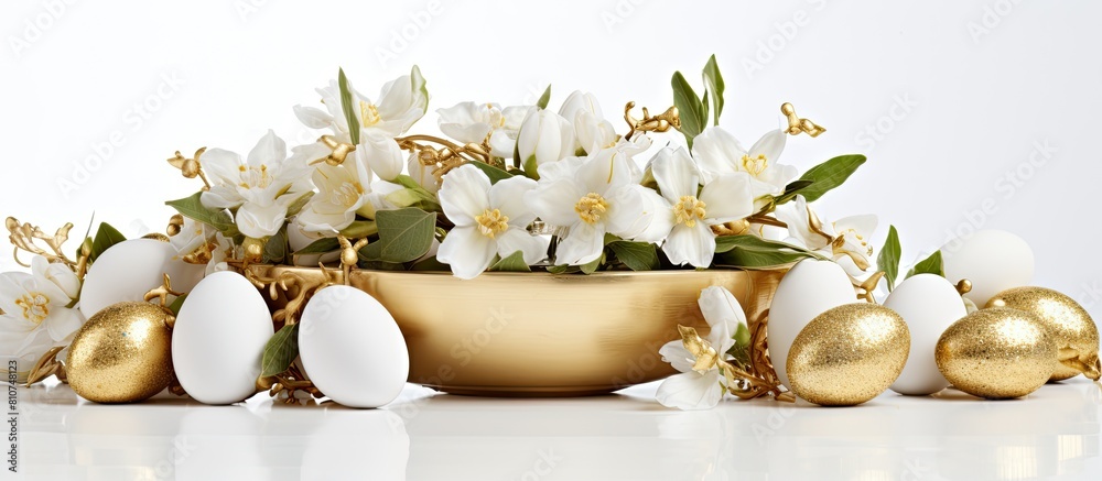 Poster A stunning table arrangement showcasing golden Easter eggs against a pristine white backdrop perfect for adding a touch of elegance to any occasion copy space image