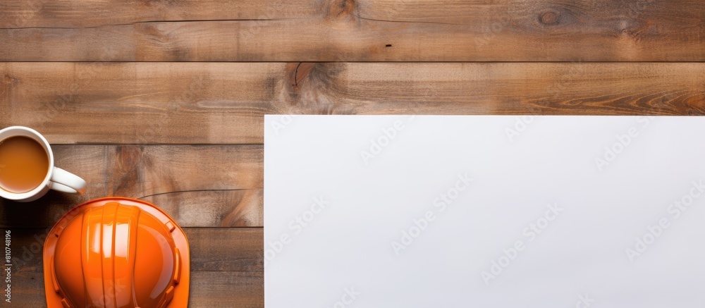 Fototapete a top down view of a brown wooden table displaying a white sheet of paper alongside an orange safety