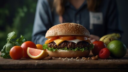World food safety day with a vibrant outdoor feast,  burger on the table with woman photoshoot for...