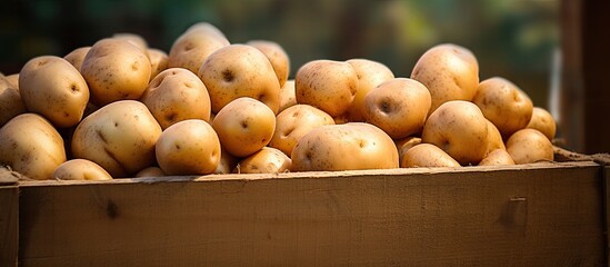 Close up image of fresh potatoes on a market stall with boxes Outdoor weekly market showcasing a variety of potatoes perfect for a copy space image