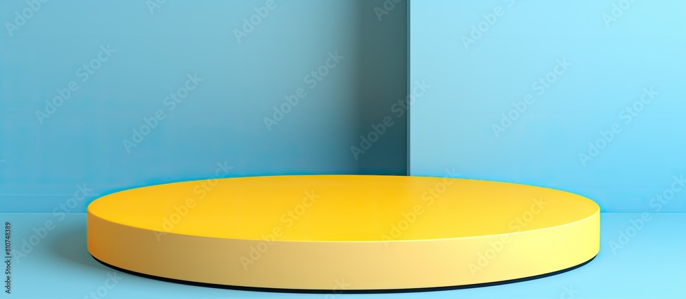 Poster A light blue podium platform sits on a blue and yellow background resembling a blank round geometric shape The image is a top view designed for product display purposes and the background features an