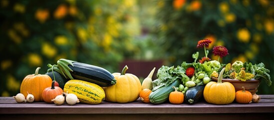 Autumn concept with ripe vegetables including yellow zucchini pumpkin and green apples beautifully displayed on a wooden garden table Harvest time captured in the copy space image