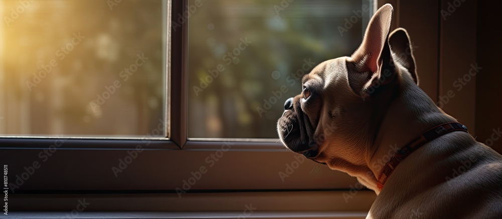 Poster image of a french bulldog eagerly gazing out the window patiently awaiting the arrival of its owner.