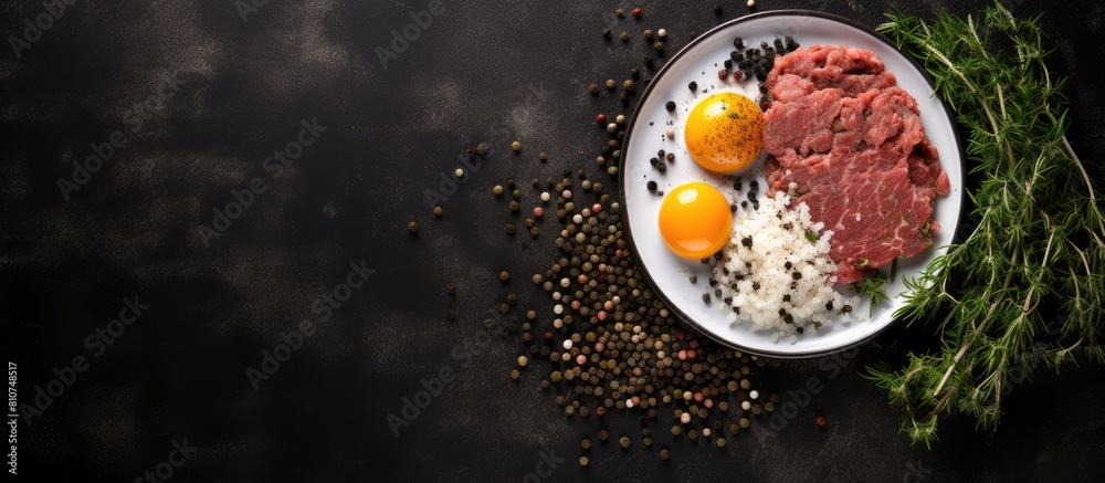 Poster a plate of ground beef pork or lamb mixed with spices herbs and eggs sits on a white plate against a
