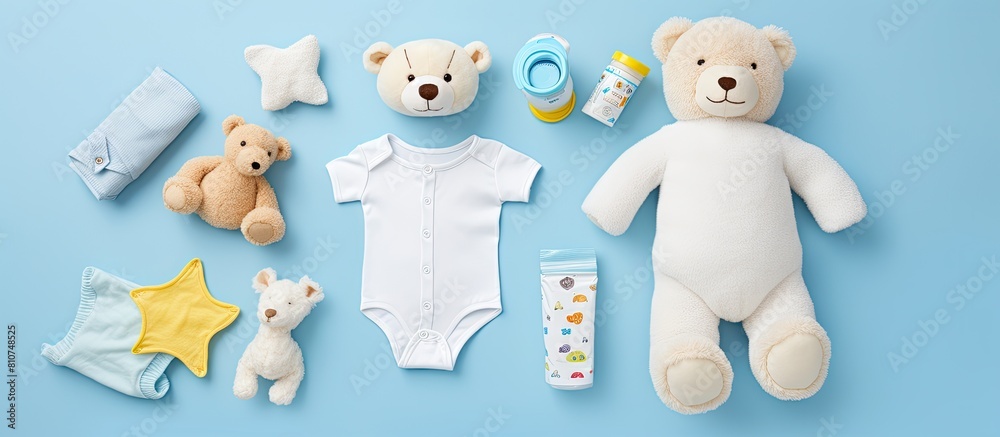 Poster an assortment of baby items including cloth diapers baby powder a nibbler cream a teether a soother 