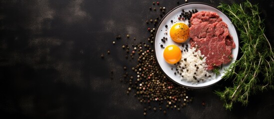 A plate of ground beef pork or lamb mixed with spices herbs and eggs sits on a white plate against a black old concrete background creating a copy space image This fresh minced meat is ready to be co
