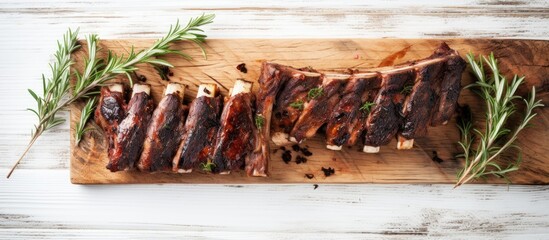 A top view of a rack of grilled lamb ribs presented on a white wooden board with copy space available in the image