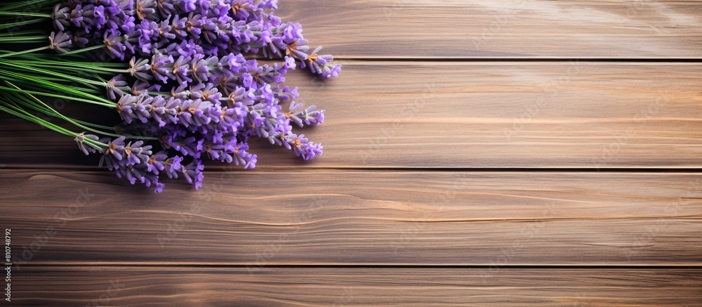 Aufkleber a top down view of fresh lavender bouquet with wood as the background creates a captivating copy spa