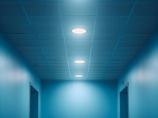 lights on the ceiling shining down, blue background, minimalistic, symmetrical