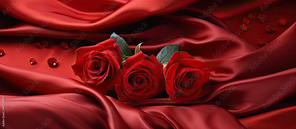 Leinwandbilder a crimson silk fabric with a textured drape serves as an abstract background along with roses creati