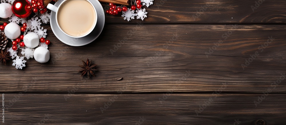 Poster A delightful top down view of a Christmas themed background featuring a steaming mug of hot cocoa adorned with fluffy marshmallows with plenty of empty space for additional content