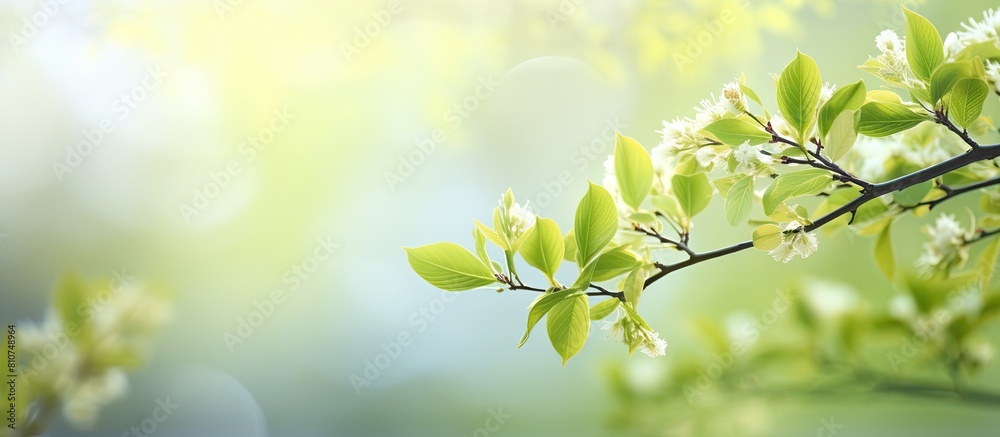 Poster in early spring a branch with fresh youthful foliage is captured in a copy space image
