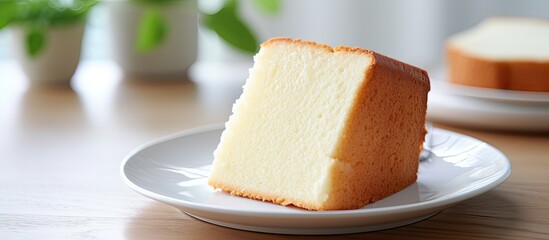 A close up copy space image of a slice of chiffon cake with a delightful es teler flavor resting on a pristine white plate with a blurred background Ideal for recipes articles catalogs and cooking re