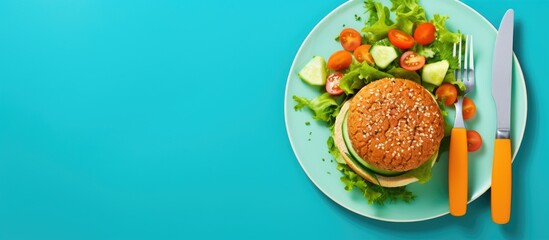 A top down view of a salmon burger with fresh green lettuce served on a vibrant blue plate The plate is accompanied by a colorful set of spoon and fork placed on a brown background The image depicts