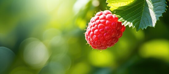 A vibrant pink raspberry is displayed on a branch surrounded by the lush green backdrop of a summer garden creating a captivating copy space image