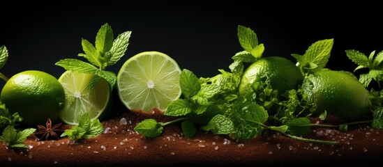 Copy space image of ingredients for Mojito including juicy lime fresh mint and rich brown sugar