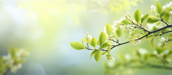 In early spring a branch with fresh youthful foliage is captured in a copy space image