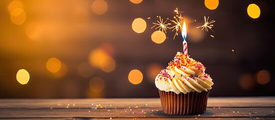A cupcake with lit candles placed on a wooden table representing the birthday concept. Creative banner. Copyspace image