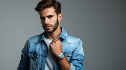 Fototapeta premium Confident young entrepreneur in casual denim attire sporting a smartwatch, professionally posed against a neutral gray backdrop